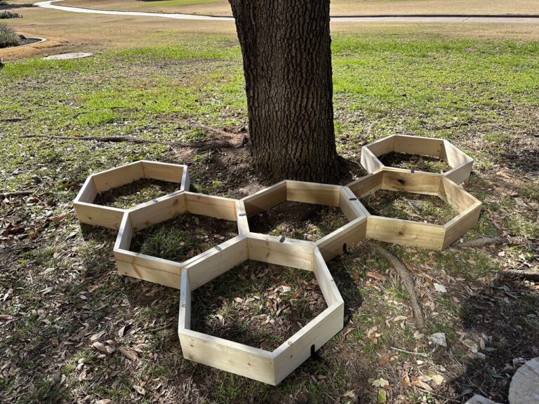 Larval Landing hexagon honeycomb-shaped frame to collect leaf litter for pollinators.